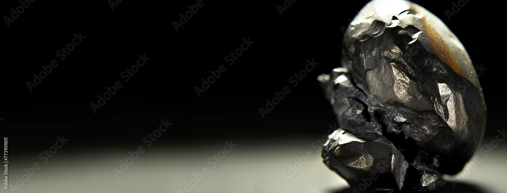 Hessite is rare precious natural stone on black background. AI generated. Header banner mockup with space.