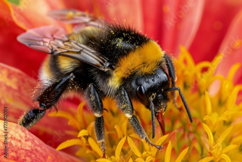 Bumblebee collecting pollen from a red flower © Atlas