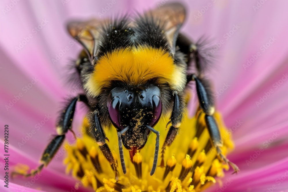 Close-up of a bumblebee on a pink flower Close-up of a bumblebee on a pink flower