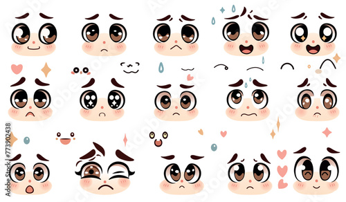 A set of gentle and cute vector expressions of cartoon faces, various emotions. Vector illustration.
