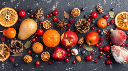 Collection of fresh red toned vegetables and fruits raw produce on white rustic background