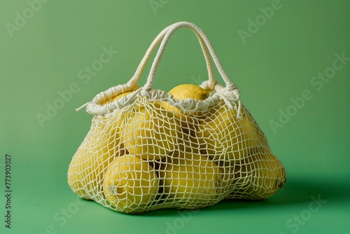 A white crocheted mesh bag filled with fresh lemons 