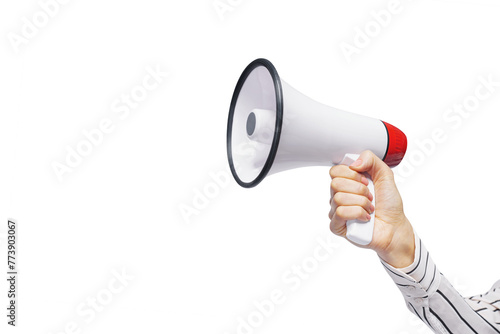 A woman with a megaphone isolated on free PNG Background. Promotion, action, ad, job questions, discussion. Vacancy. Business concept, communication, information, news, team media relations.