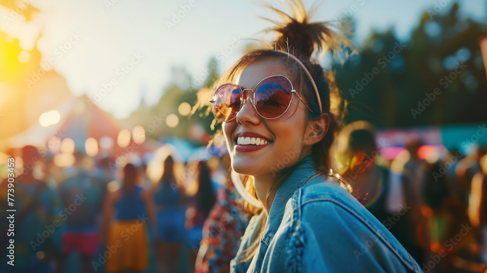 Happy woman having fun while attending open air music concert. Girl dancing at the concert and having a good time at an open air venue. Summer holiday, vacation concept. Generative AI. Happy woman having fun while attending open air music concert. Girl dancing at the concert and having a good time at an open air venue. Summer holiday, vacation concept. Generative AI.