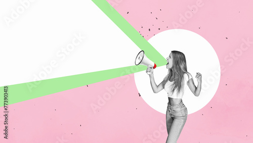 Young woman holding a megaphone, expressing success and positive concept, idea for marketing or sales.