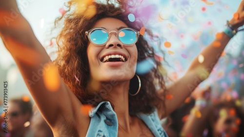 Happy woman having fun while attending open air music concert. Girl dancing at the concert and having a good time at an open air venue. Summer holiday, vacation concept. Generative AI. 