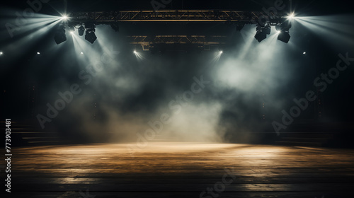 Dark background spotlight on empty studio room. Empty  studio room with smoke float up interior texture for display products  background.