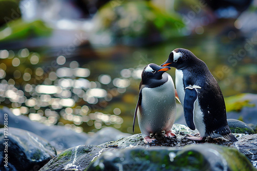 A charming penguin couple exchanging affectionate gestures on a rocky shore.