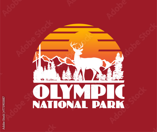 olympic national park illustration with deer, tree and sun for t-shirt prinitng  photo