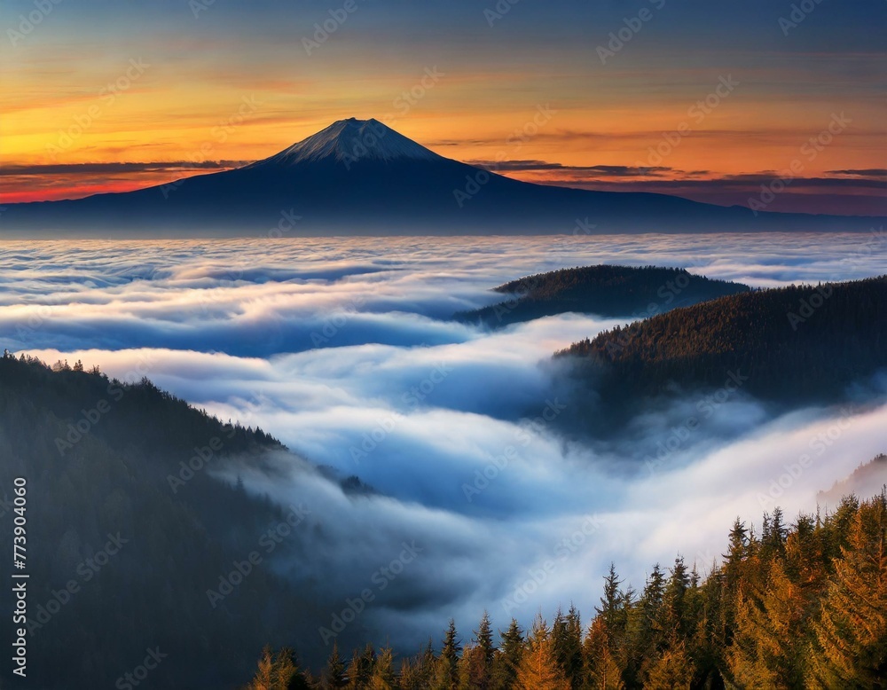 Breathtaking sunrise scene with a mountain towering above a sea of clouds due to a temperature inversion