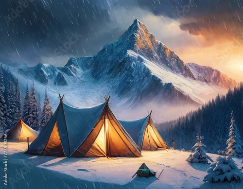 Illuminated tents in a winter landscape with snowy mountain backdrop and sunset skies, beginning of a storm with snowflakes in the air © Emil