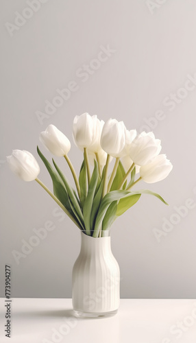 photo of white tulips in a vase against a solid background