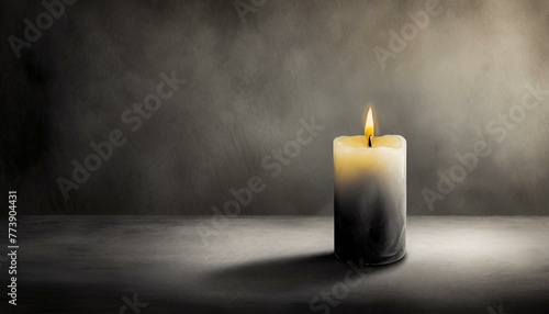 A single lit candle casts a warm glow in a dim, textured background