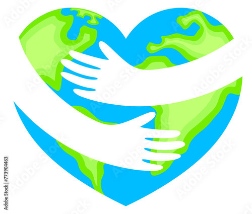 Hug the globe heart shape. Happy Earth day concept, World Environment Day icon design of poster, card and banner. Illustration.