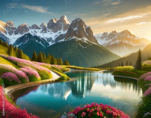 Serene sunrise over a picturesque mountain range with lush floral banks and tranquil waters