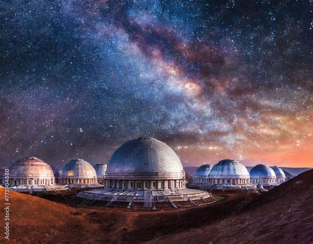 Futuristic domed habitats on mars against a backdrop of the milky way galaxy at night Futuristic domed habitats on mars against a backdrop of the milky way galaxy at night