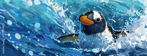 Penguin Swimming in Blue Ocean Waves Generative AI