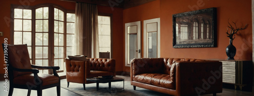 A leather armchair is featured against an empty burnt orange wall in the living room.