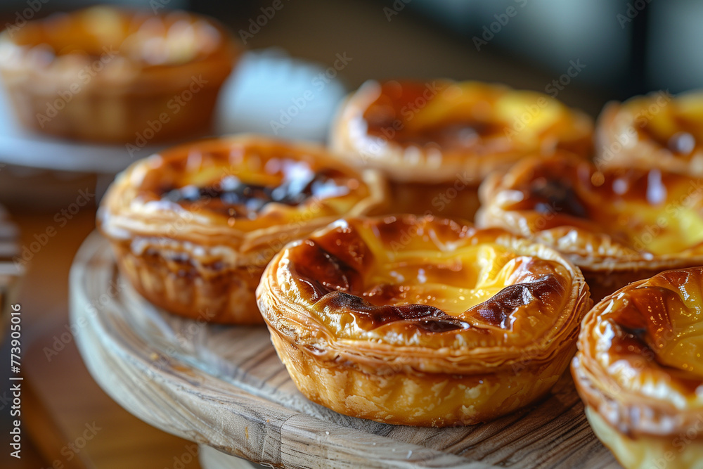 An egg tarts on wooden platter An egg tarts on wooden platter