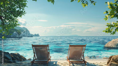 A pair of beach chairs on the water's edge, facing the horizon, offering the ideal spot for a relaxing day of sunbathing and taking in the breathtaking coastal views.