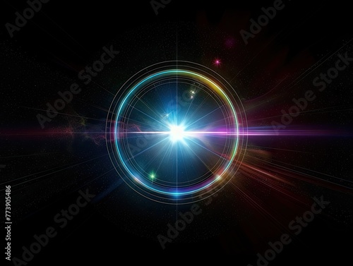 Iridescent Lens Flare and Digital Sun Burst on Black Background - Versatile Overlay for Design - Dynamic and Radiant Lighting - Futuristic and Creative Style