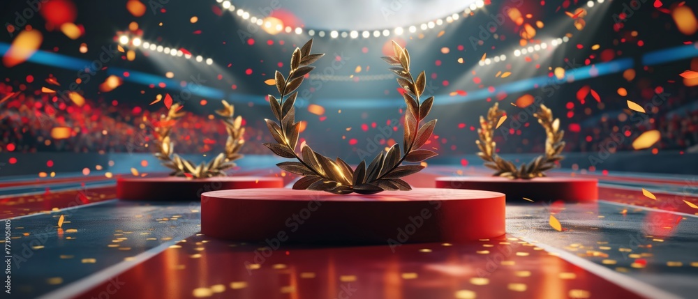 Golden laurel wreaths on podiums with confetti, Olympic victory ceremony event. - obrazy, fototapety, plakaty 