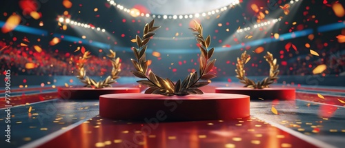 Golden laurel wreaths on podiums with confetti, Olympic victory ceremony event.