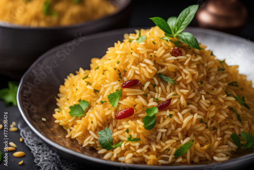 traditional food Biryani a delicious dish served on a dark background 