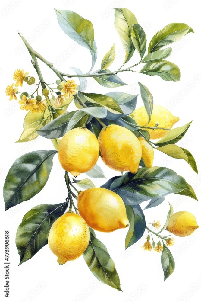 watercolor illustration of a branch with lemons, flowers and leaves on a white background