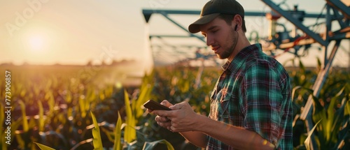 Inspecting and tuning an irrigation center pivot sprinkler system on a smartphone while working in a cornfield. photo