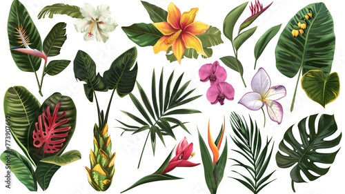 A collection of exotic jungle plants and flowers, isolated on transparent background