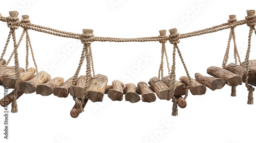 A jungle hanging bridge made of ropes and wooden planks, isolated on transparent background photo