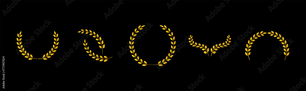 Circular laurel foliate set vector flat design gold color isolated on black background. Circular laurel foliate set vector flat design gold color isolated on black background.