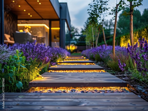 Illuminated Pathway in
 Modern Residential Garden - Landscape Design with Ambient Lighting - Highlighting Flowers and Plants - Elegant and Tranquil Style