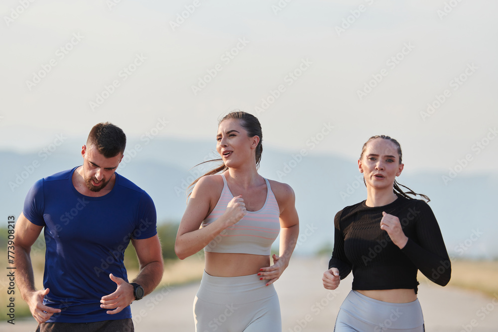A group of friends maintains a healthy lifestyle by running outdoors on a sunny day, bonding over fitness and enjoying the energizing effects of exercise and nature A group of friends maintains a healthy lifestyle by running outdoors on a sunny day, bonding over fitness and enjoying the energizing effects of exercise and nature
