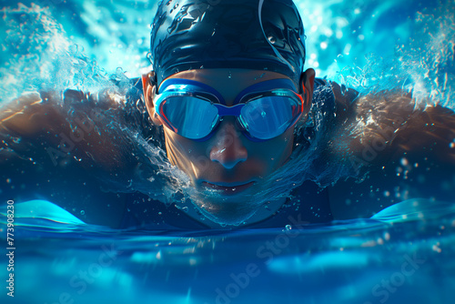 Swimmer athlete in water goggles and cap swims in the pool close up straight view