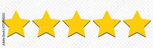 Star icon. Vector yellow isolated five stars. Customer feedback concept. Vector 5 stars rating review. Quality shape design.