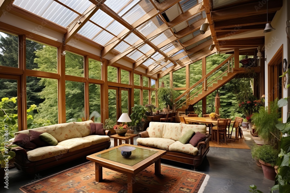 Fototapeta premium Sustainable Living Room Designs: Off-Grid Elegance with Solar Panels