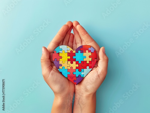 Adult and Child Hands Holding Puzzle Heart on Light Blue Background - World Autism Awareness Day Concept - Gentle and Supportive Lighting - Empathetic and Inspirational Style 