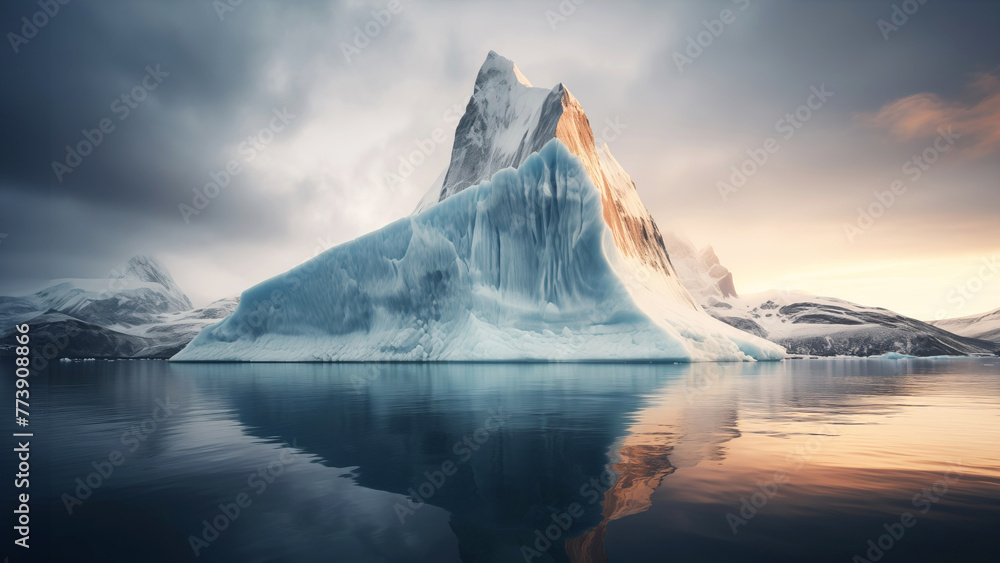 A serene arctic landscape with a majestic iceberg bathed in the warm glow of sunrise, reflecting on calm waters. - obrazy, fototapety, plakaty 