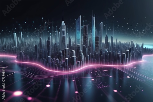 Futuristic Cyber Cityscape with Pulsating Dots - 3D Technology Background © theartcreator
