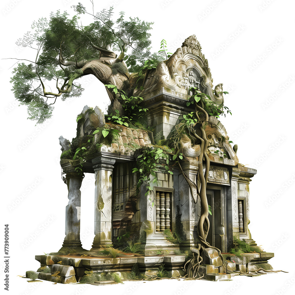 An ancient, overgrown jungle temple ruin, isolated on transparent background An ancient, overgrown jungle temple ruin, isolated on transparent background