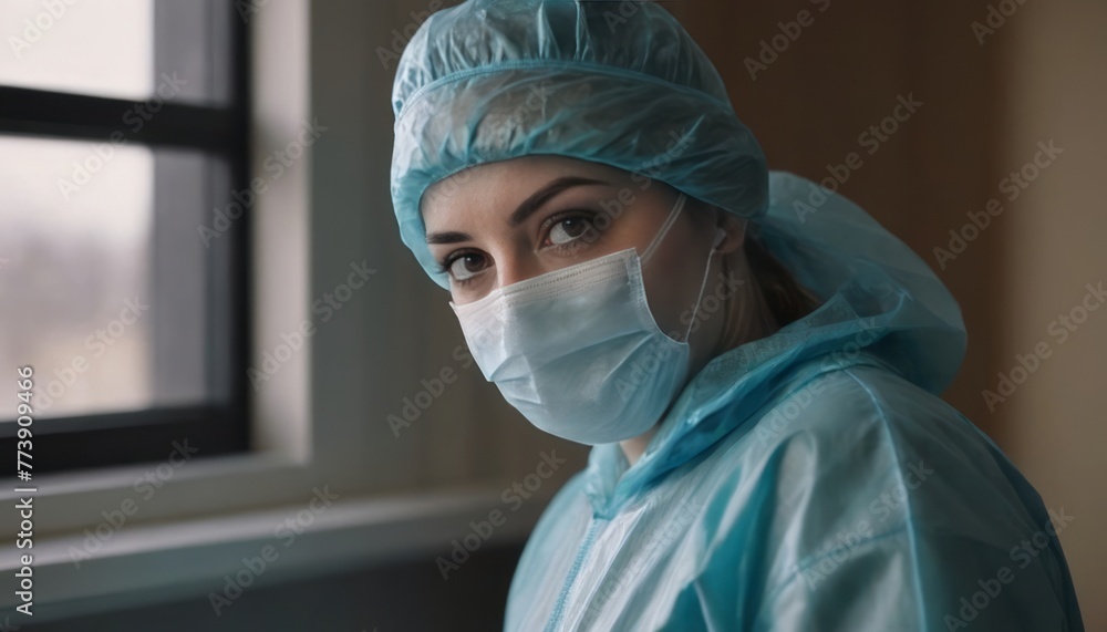 Portrait of a successful and diligent female doctor nurse standing confidently by the hospital window
