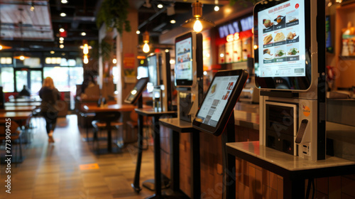 Self-Service Kiosks at Modern Restaurant Interior photo