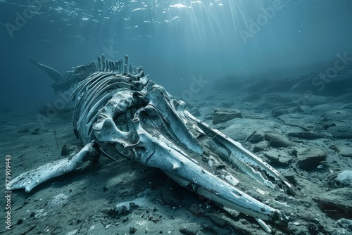 The skeleton of a whale lies at the bottom of the sea