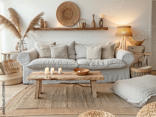 Modern Boho Living Room Interior with Light Gray Sofa and Wooden Table - Cozy Apartment Decor with Candles and Natural Elements - Warm and Inviting Lighting - Chic and Relaxed Style 