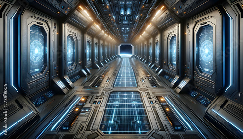 spaceship corridor. The style should be futuristic with metallic walls