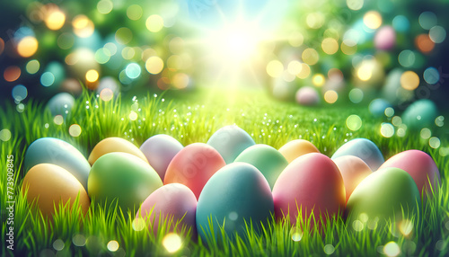 depict a row of brightly colored Easter eggs lying on green