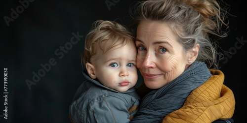 Close-up portrait grandma cuddle bonding adorable cute blonde baby grandson on plain empty black background copy space for love Mothers Day health wellness lifestyle campaign