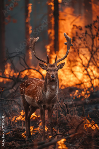 Deer standing in a burning forest